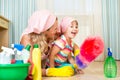 Mother and kid ready to room cleaning