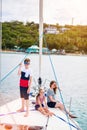 Family on board of sailing yacht Royalty Free Stock Photo