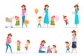 Mother with kids. Happy children spend time with love mommy exact vector parents characters cartoon