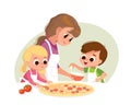 Mother with kids making pizza. Boy and girl cooking. Two kids making pizza Royalty Free Stock Photo