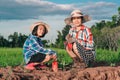 Mother and kids planting the tree on dirt on rice field and blue sky background Royalty Free Stock Photo