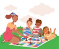 Mother with Kids Playing Board Game Gathered Outdoor Together Having Fun on Weekend Vector Illustration Royalty Free Stock Photo