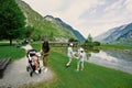 Mother with kids playing in playground at Hallstatt, Austria Royalty Free Stock Photo