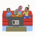 Mother and kids watching tv on the couch illustration