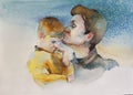 Mother kissing her sad little son to cheer him, original watercolor illustration with blue dotted backgraund