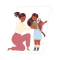 Mother kneeling talking to her daughter on first school day vector illustration