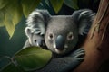 Mother koala with baby on back, peeking out from behind large eucalyptus leaf