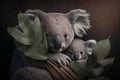 Mother koala with baby on back, peeking out from behind large eucalyptus leaf