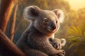 Mother koala with baby on back, warm glow of sunset, forest canopy Royalty Free Stock Photo