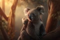 Mother koala with baby on back, warm glow of sunset, forest canopy Royalty Free Stock Photo