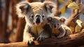 Mother koala with baby on her back, on eucalyptus tree. generative ai Royalty Free Stock Photo