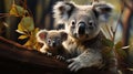 Mother koala with baby on her back, on eucalyptus tree. generative ai Royalty Free Stock Photo