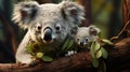 Mother koala with baby on her back, on eucalyptus tree. generative ai Royalty Free Stock Photo