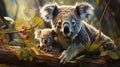Mother koala with baby on her back, on eucalyptus tree. generative ai Royalty Free Stock Photo