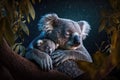 Mother koala with baby, nestled in bed of eucalyptus leaves, starry night sky