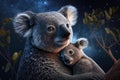 Mother koala with baby, nestled in bed of eucalyptus leaves, starry night sky Royalty Free Stock Photo
