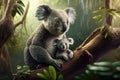 Mother koala with baby, sitting on eucalyptus tree branch in rainforest Royalty Free Stock Photo
