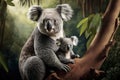 Mother koala with baby, sitting on eucalyptus tree branch in rainforest Royalty Free Stock Photo