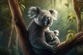 Mother koala with baby, sitting on eucalyptus tree branch in rainforest Royalty Free Stock Photo