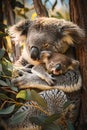 Mother koala cradles her baby in a leafy embrace, eucalyptus scent in the air, under the Australian sun Royalty Free Stock Photo