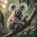 Mother Koala cradles joey in a eucalyptus tree Royalty Free Stock Photo