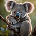 Mother Koala cradles joey in a eucalyptus tree Royalty Free Stock Photo