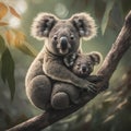 Mother Koala Cuddles Joey in Eucalyptus Tree Royalty Free Stock Photo