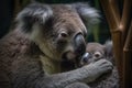 a mother koala with her baby clinging to her back, surrounded by the beauty of a eucalyptus forest Royalty Free Stock Photo