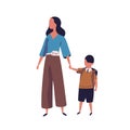 Mother leading her son to school. Portrait of modern family walking together. Parent and little pupil boy holding hands Royalty Free Stock Photo