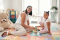 Mother, learning and child toy in home of knowledge development and education in a bedroom. Portrait of a happy family