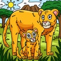 Mother Lion and Baby Lion Colored Cartoon