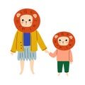 Mother Lion and her Kid Standing and Holding Hands, Loving Parent Animal and Adorable Child Humanized Characters Vector