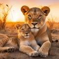 Mother lioness and her lion cub lying on the dry grass of the prairie in the rays of the setting sun. Portrait. Front Royalty Free Stock Photo