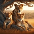 Mother Lioness with Lion and Tiger cub in the African savannahas Royalty Free Stock Photo