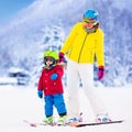 Mother and little boy learning to ski Royalty Free Stock Photo