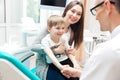 Mother and little boy talking to dentist in dental clinic Royalty Free Stock Photo