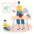 Mother with little child works at a laptop and cooks in the kitchen. Flat cartoon vector illustration. Quarantine work home-office