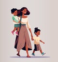 mother and little children walking together mom taking son and daughter to school or kindergarten motherhood Royalty Free Stock Photo