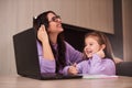 Mother and daughter doing homework online. Distance learning online education. Woman and girl happy together at home Royalty Free Stock Photo