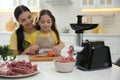 Mother and little girl cutting carrot in kitchen, focus on meat grinder Royalty Free Stock Photo