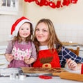 Mother and little kid girl baking gingerbread cookies for Christ Royalty Free Stock Photo