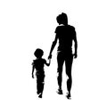 Mother with little kid walking and holding hands. Rear view, abstract isolated vector silhouette Royalty Free Stock Photo