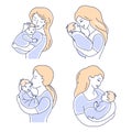 Mother love and child . Motherhood illustration set. Mom looking at the baby hand drawn style vector