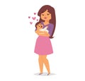 Mother lovingly holding her baby with care and affection. Young woman cradling a happy infant surrounded by hearts