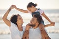 Mother, man and girl together on a family sea trip and ocean with a happy smile. Happiness of mom, father and child by
