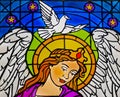 Mother Mary painted on glass , flying white dove on