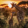 Mother Masai giraffe baby protecting baby giraffe mom Royalty Free Stock Photo