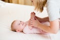 Mother massaging or doing gymnastics baby girl Royalty Free Stock Photo