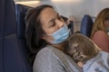 A mother in a medical mask hugs her daughter while sitting in the cabin of the plane. Concept: heavy air travel for a child, pain