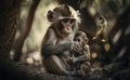 A Mother monkey feeding her baby monkey, blurred trees background generative AI